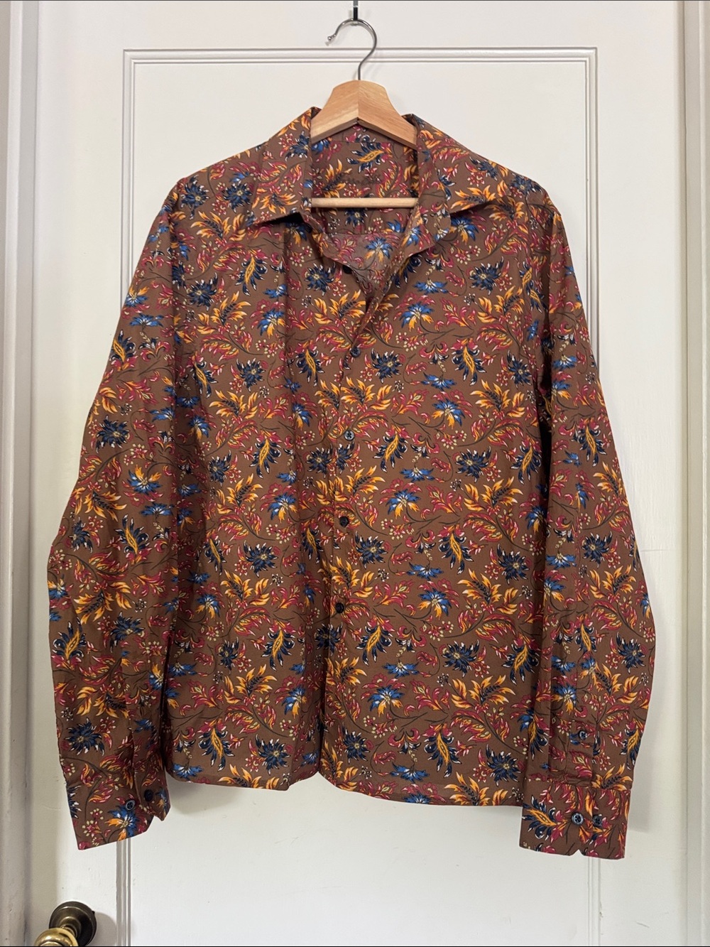 Tasso Elba Brown Floral Button-Down Shirt with Blue & Yellow Accents